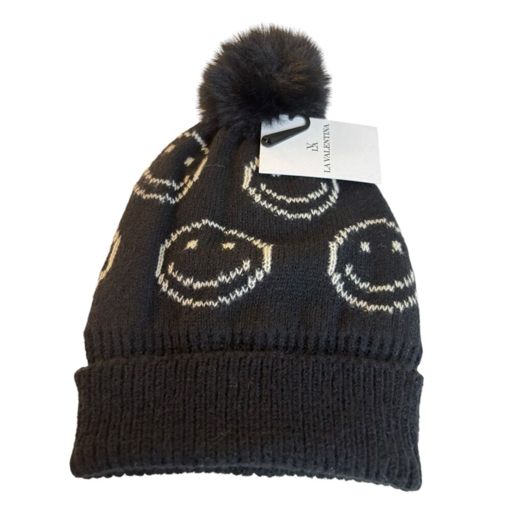 LA Valentina Smiley Pom Pom Beanie